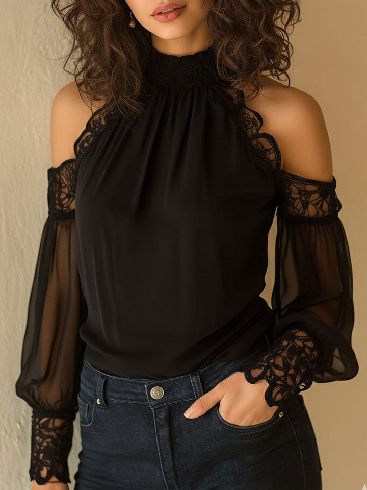 Elegant high neck black chiffon lace cold-shoulder blouse side view