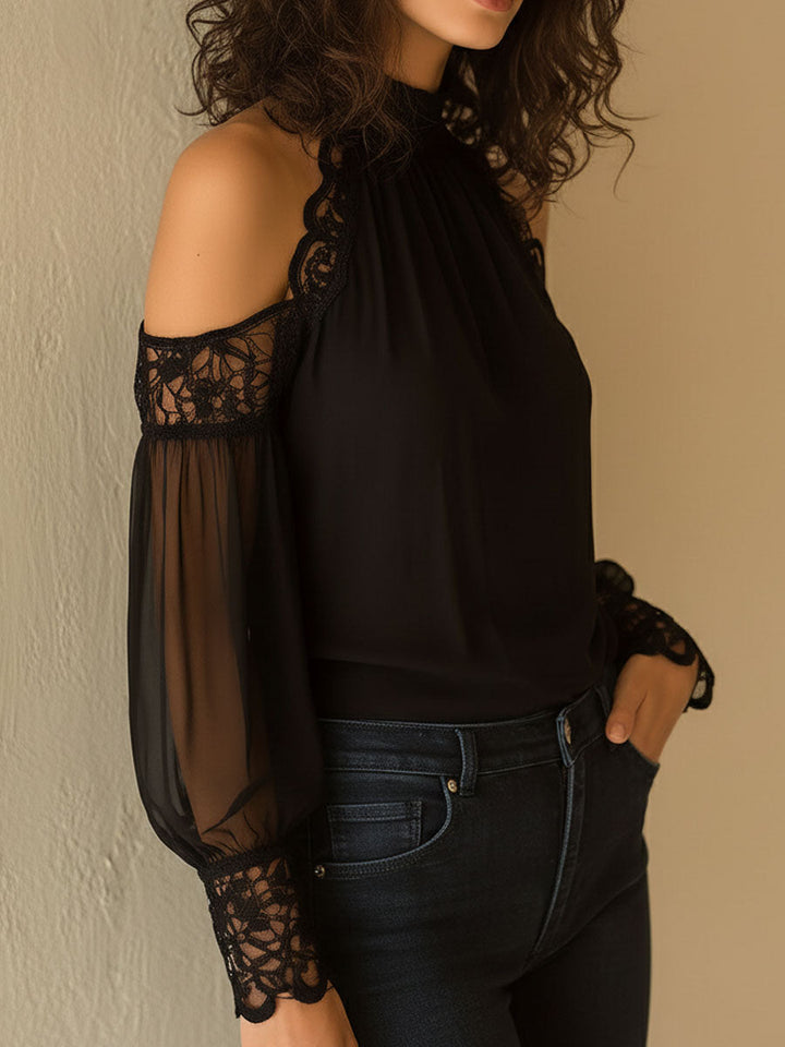 Elegant high neck black chiffon lace cold-shoulder blouse styled view