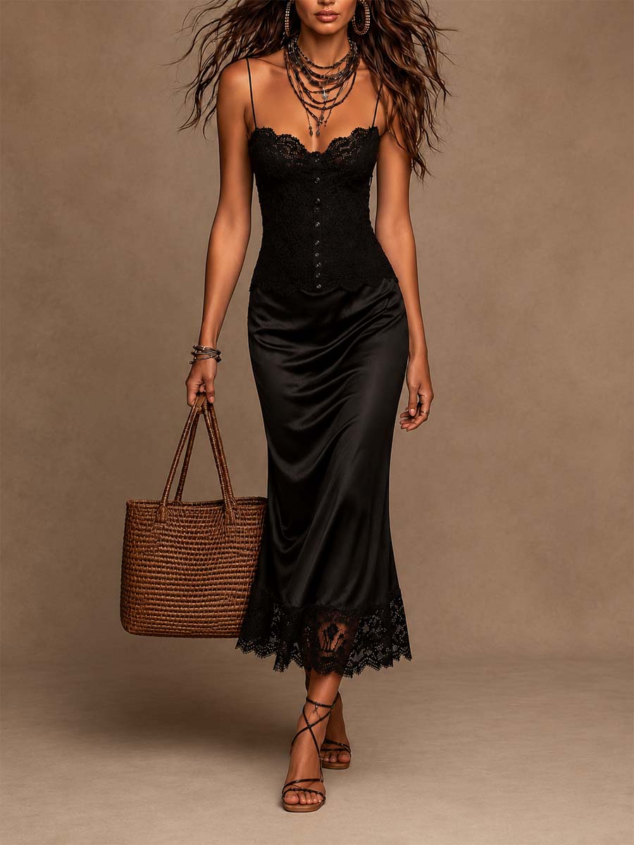 Lace cami satin lace hem midi dress front view