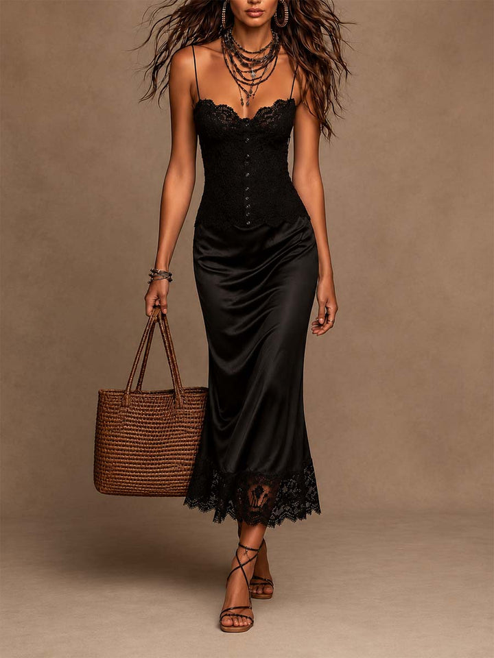 Lace cami satin lace hem midi dress front view