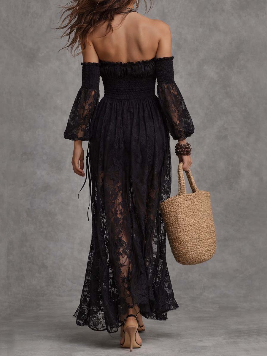 Off-shoulder smocked lace maxi detail close-up