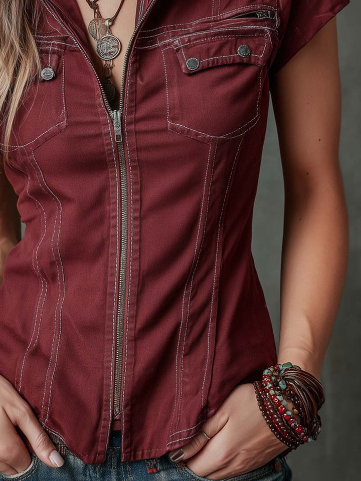 Short-sleeve zip denim blouse back view