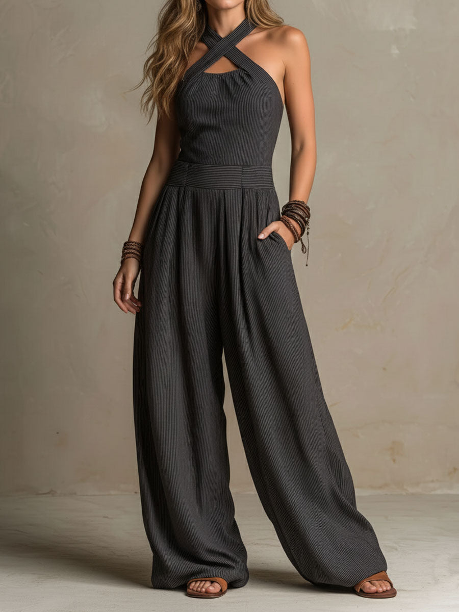 Charcoal pinstripe wide-leg jumpsuit side view