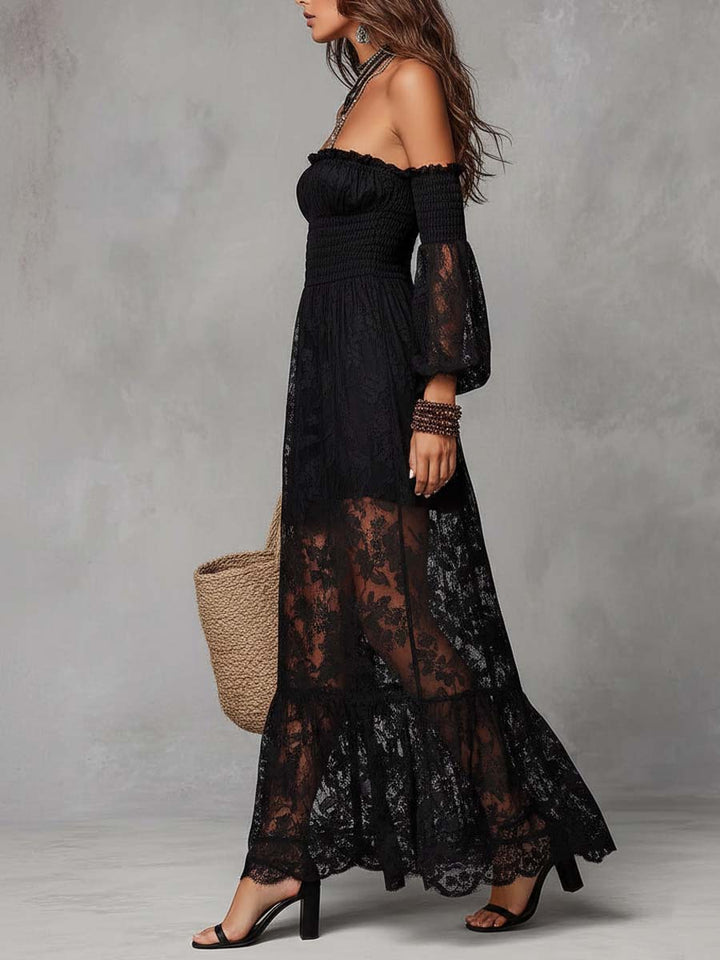 Black smocked lace maxi dress styled outfit
