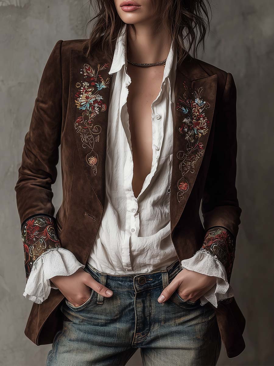 Vintage brown suede blazer embroidered details front view