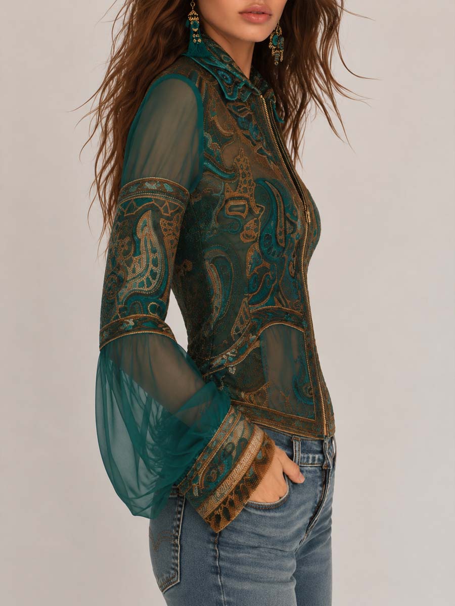 Boho paisley sheer crop jacket styled outfit