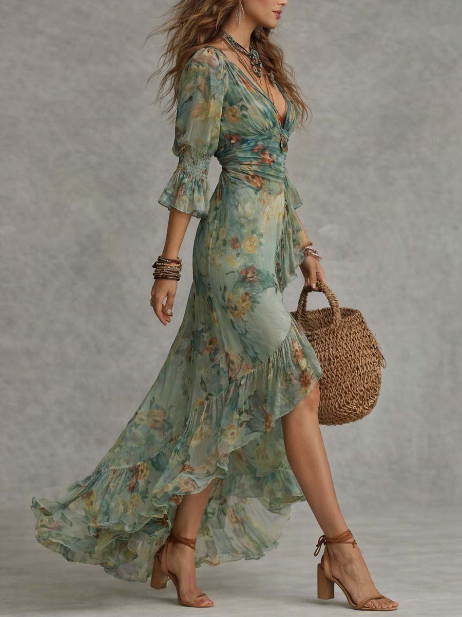 Floral wrap dress ruffle detail close-up