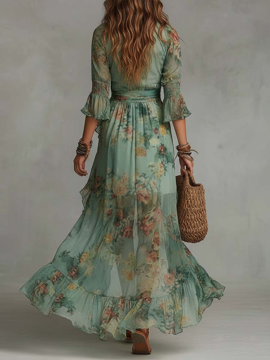 Romantic floral wrap dress side view