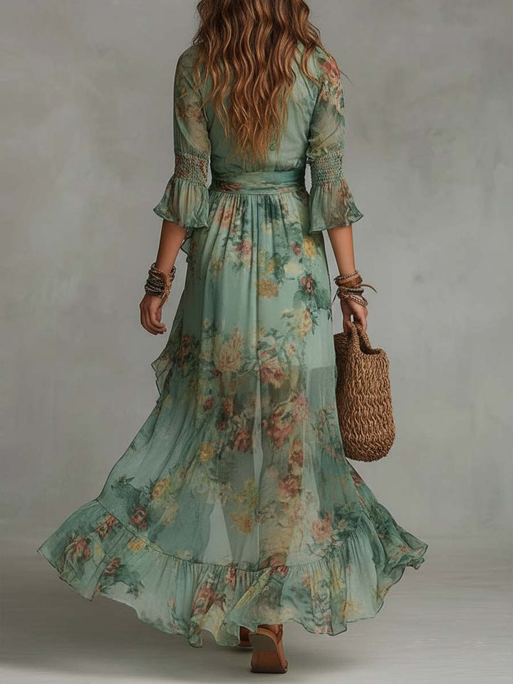 Romantic floral wrap dress side view