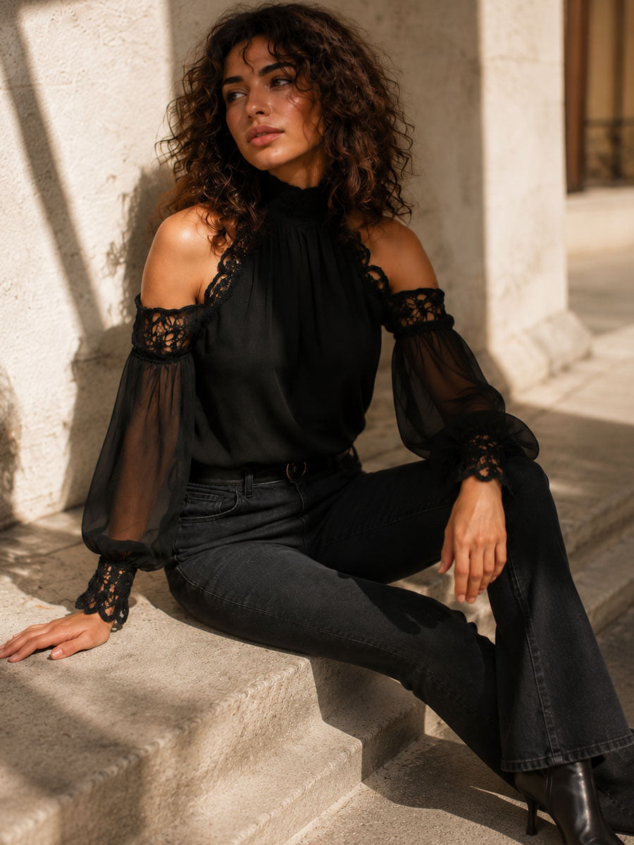 Elegant high neck black chiffon lace cold-shoulder blouse back view
