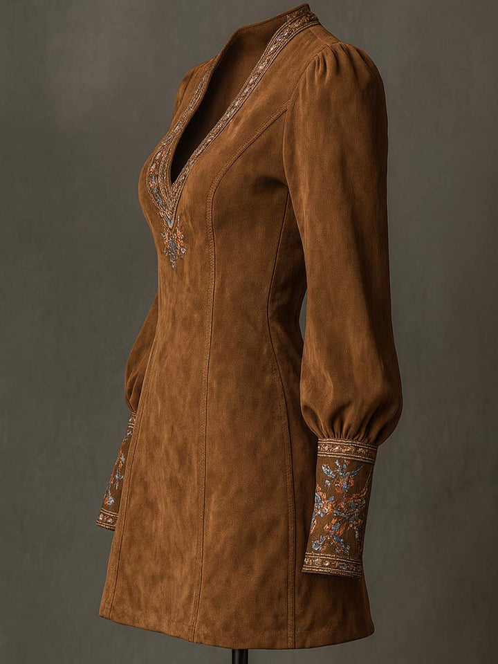 Suede embroidered mini dress side view