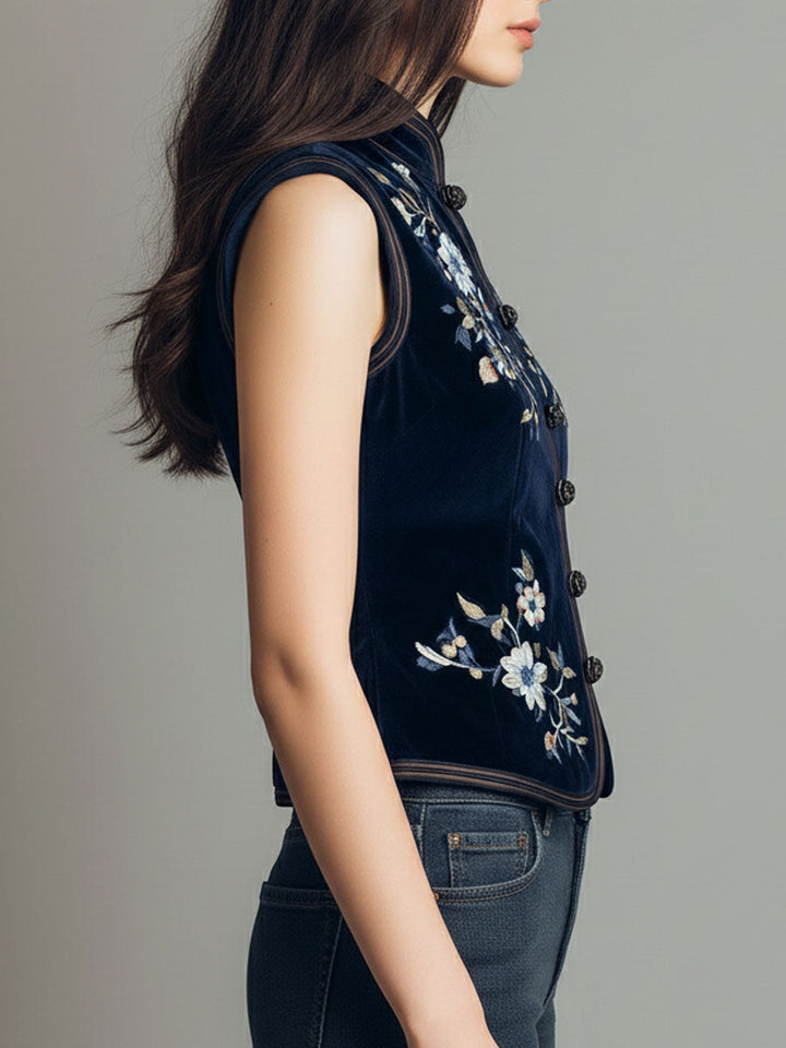Boho mandarin collar navy velvet embroidered vest side view