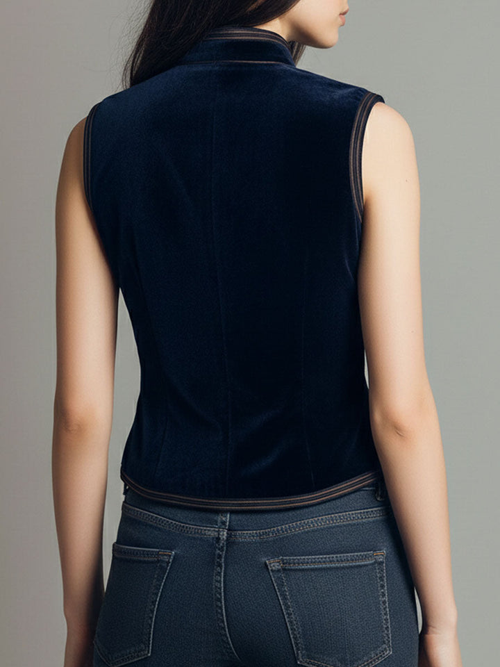 Boho mandarin collar navy velvet embroidered vest detail view