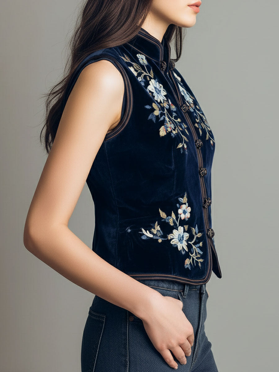 Boho mandarin collar navy velvet embroidered vest back view