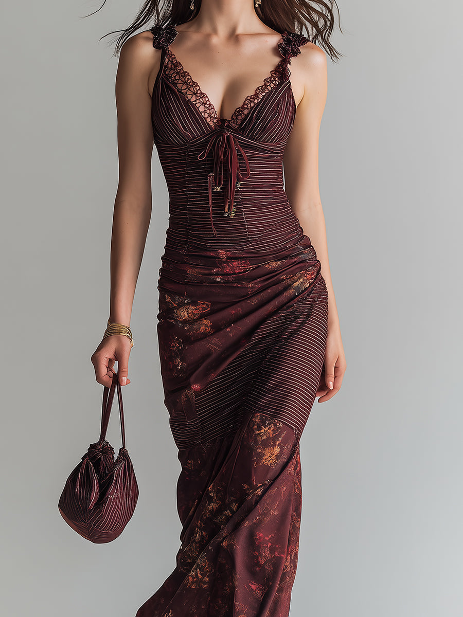 Striped flower splicing dress detail view