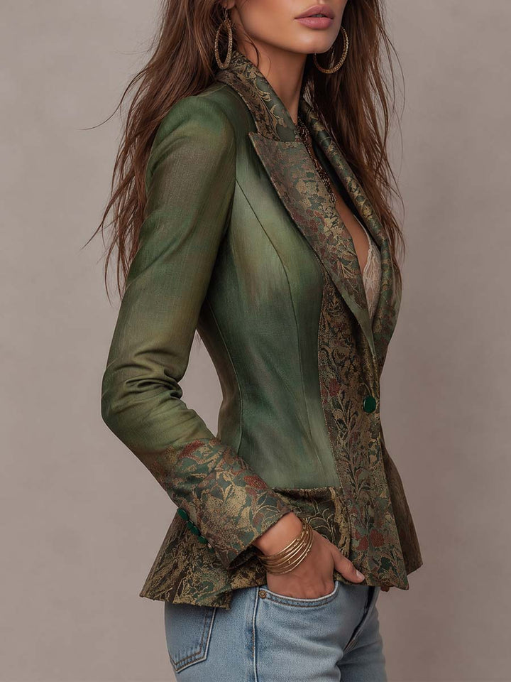 Olive green floral tapestry blazer side view