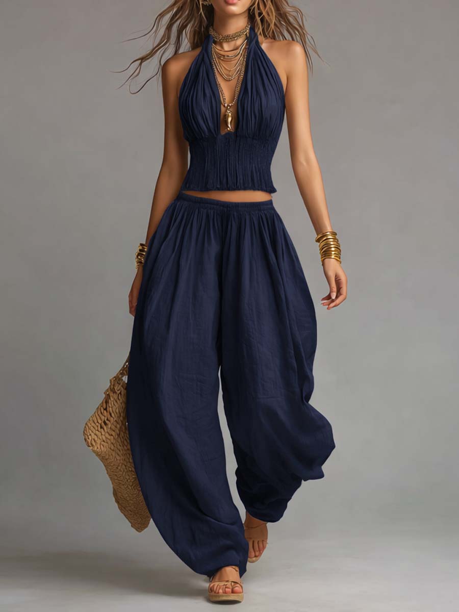Boho halter smocked crop harem pants styled look