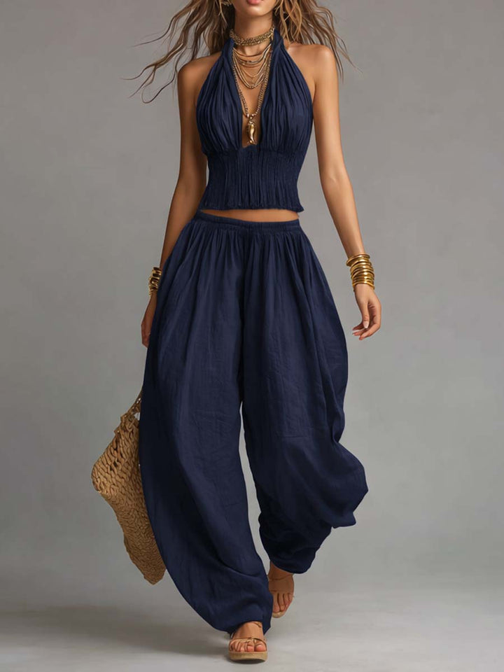 Boho halter smocked crop harem pants styled look