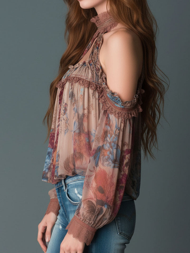 Cold-shoulder floral halter blouse back view