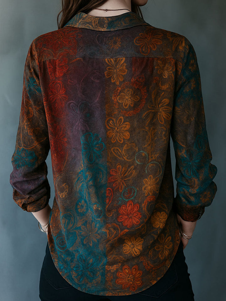 Boho velvet floral shirt full length view