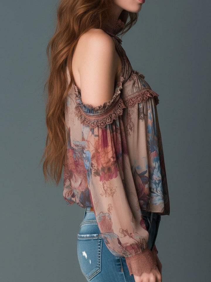 Blush floral cold-shoulder detail view