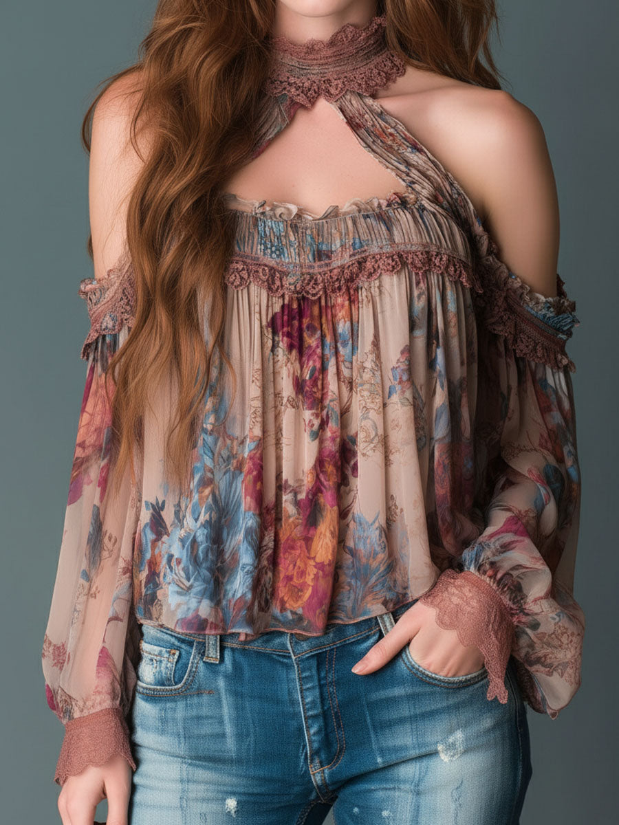 Blush floral halter blouse side view