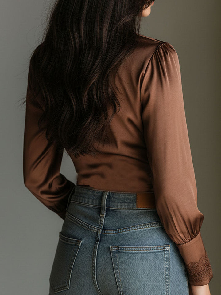 Bronze satin lace trim wrap blouse styled look