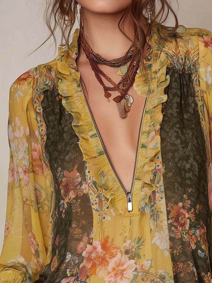 Floral chiffon ruffled blouse styled look