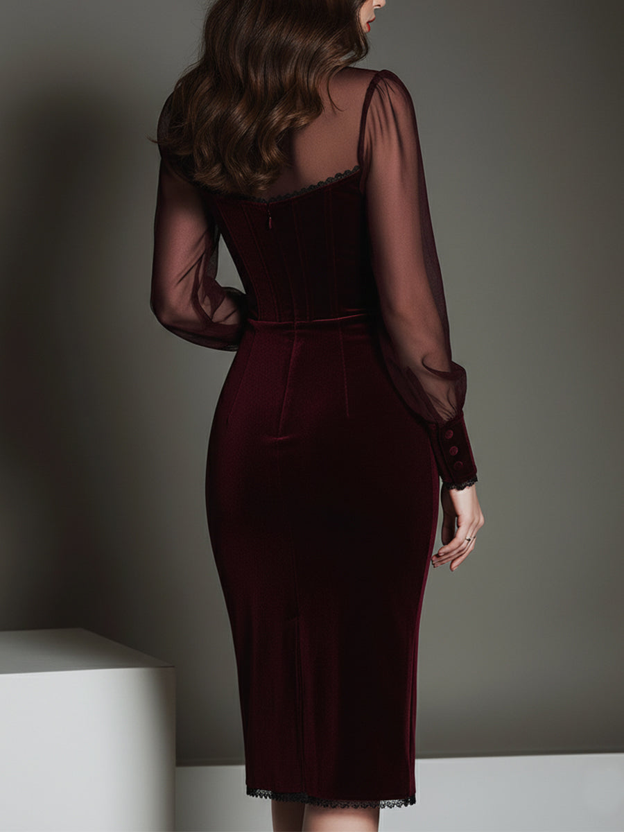 Elegant mesh velvet sweetheart neckline slim midi dress detail view