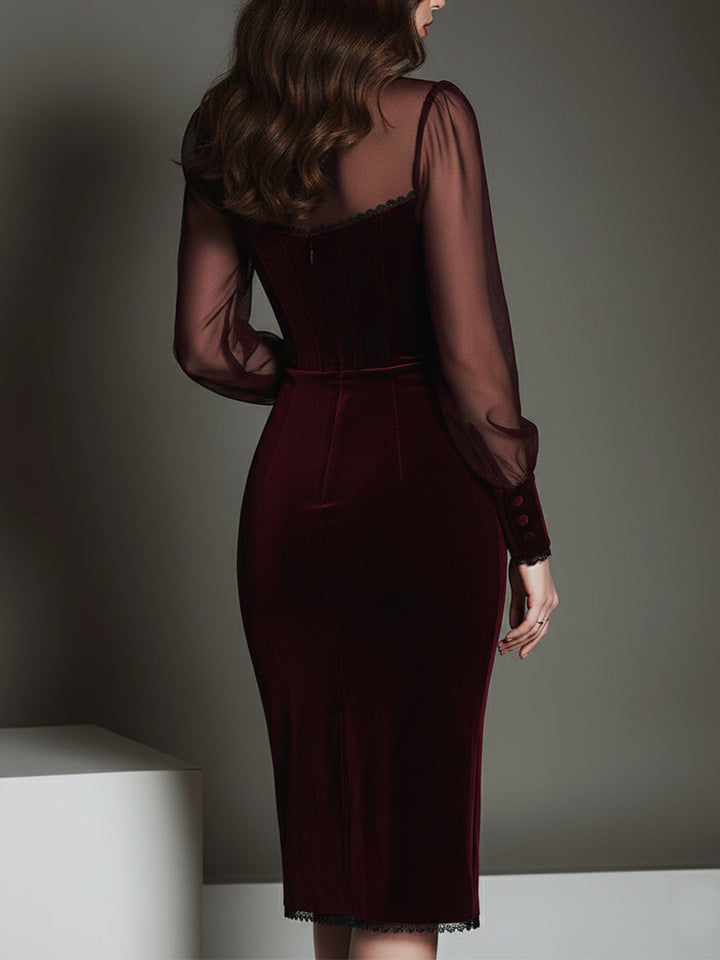 Elegant mesh velvet sweetheart neckline slim midi dress detail view