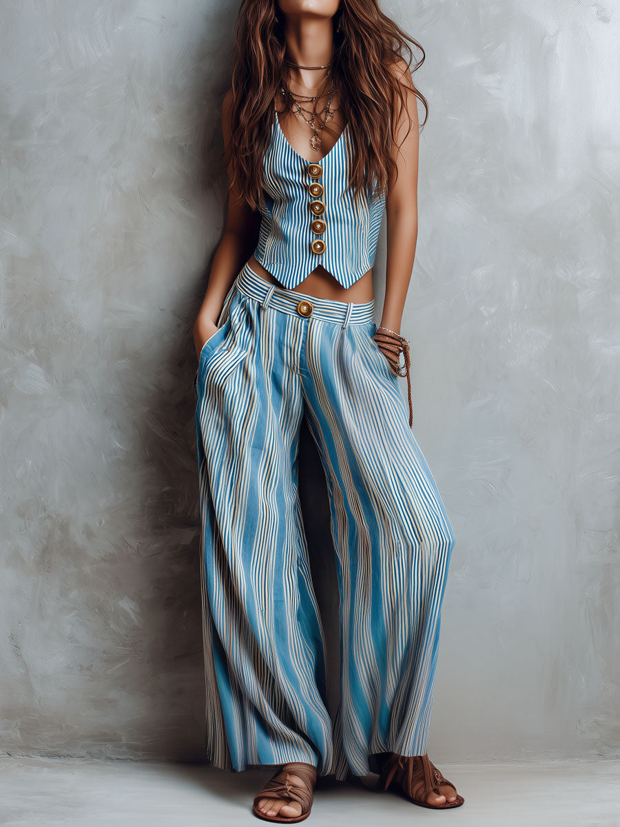 Boho blue striped vest wide-leg pants set front view