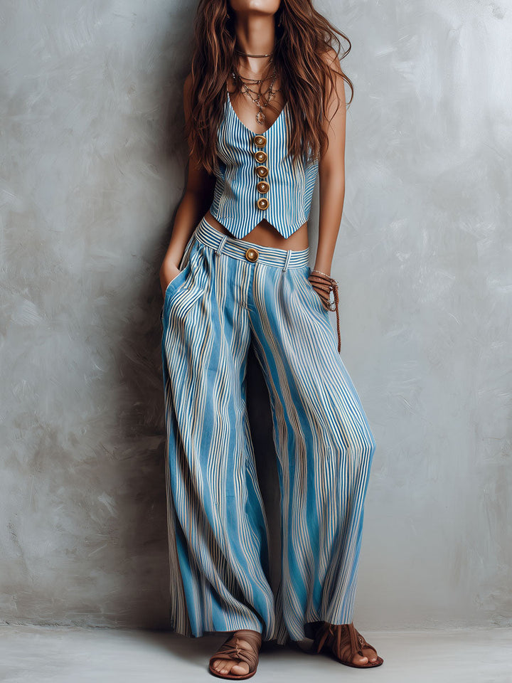 Boho blue striped vest wide-leg pants set front view
