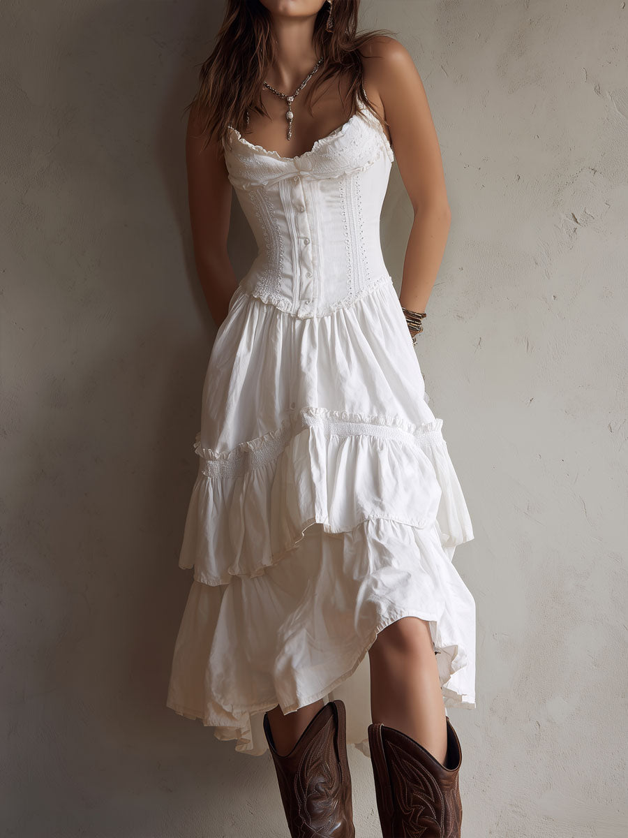 Retro boho corset tiered midi dress with lace trim front view