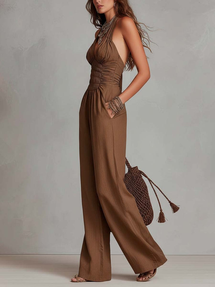 Smocked waist halter jumpsuit detail close-up