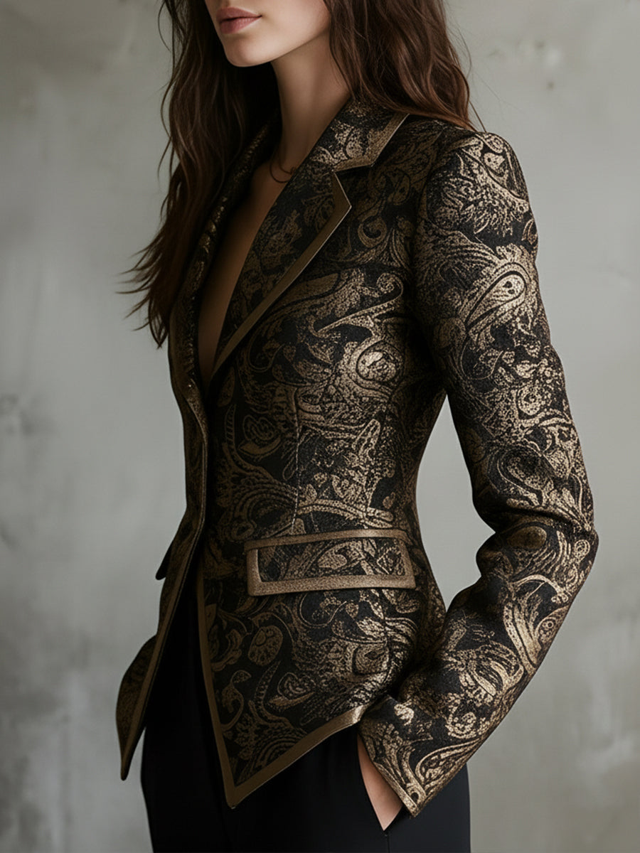 Quiet luxury paisley jacquard wrapped lapels fitted blazer back view