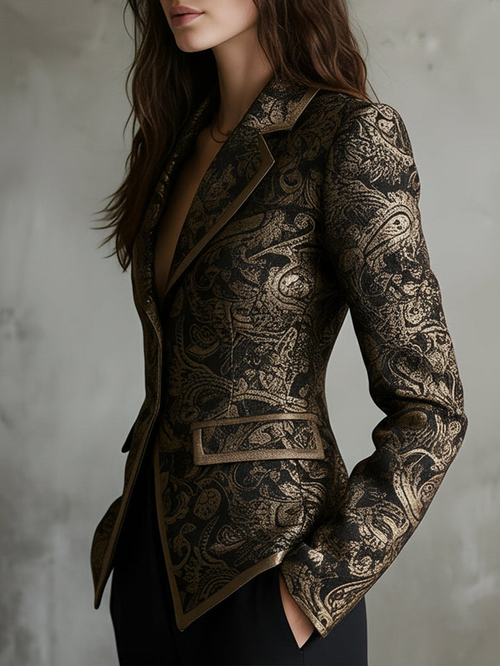 Quiet luxury paisley jacquard wrapped lapels fitted blazer back view