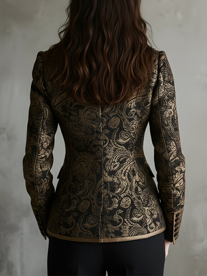Quiet luxury paisley jacquard wrapped lapels fitted blazer detail view
