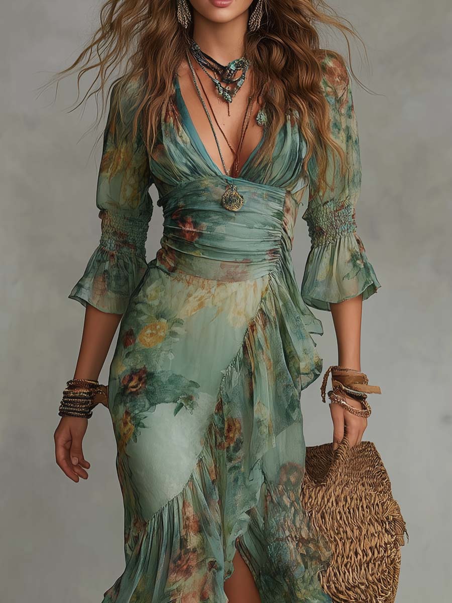 Romantic floral wrap dress styled look