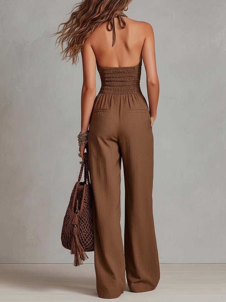 Halter smocked linen-cotton jumpsuit side view