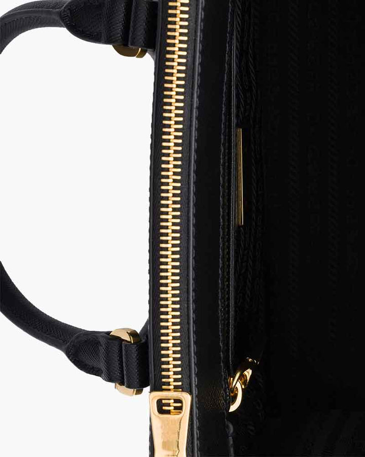 Black Double Zip Shoulder Handbag with Gold Hardware & Strap