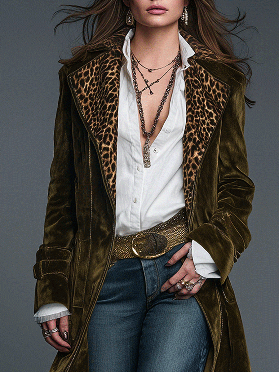 Boho luxe olive velvet leopard lapel long coat back view