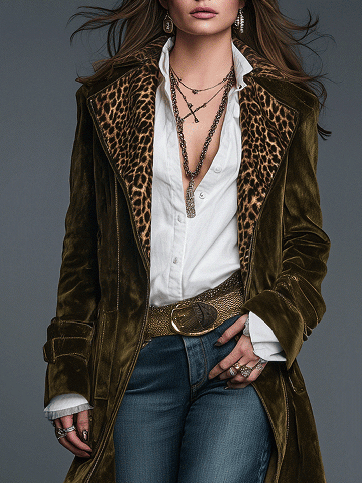 Boho luxe olive velvet leopard lapel long coat back view
