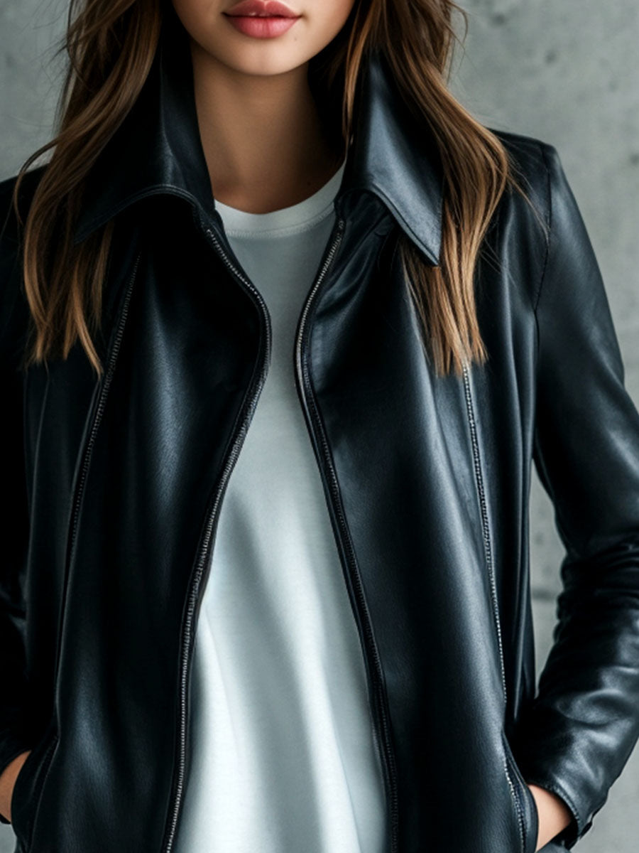 Solid faux leather jacket side view
