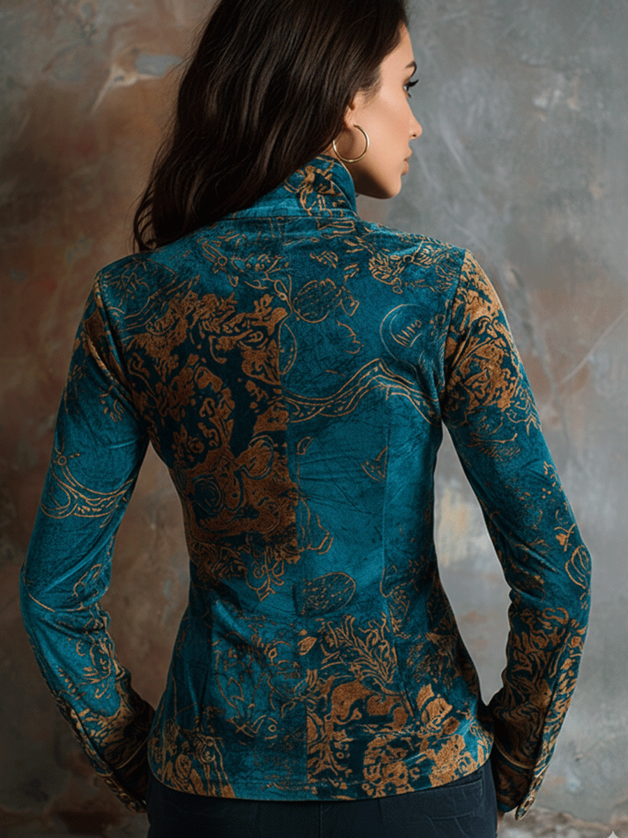 Peacock blue velvet blouse side view