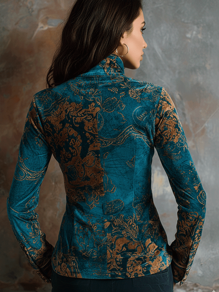 Peacock blue velvet blouse side view