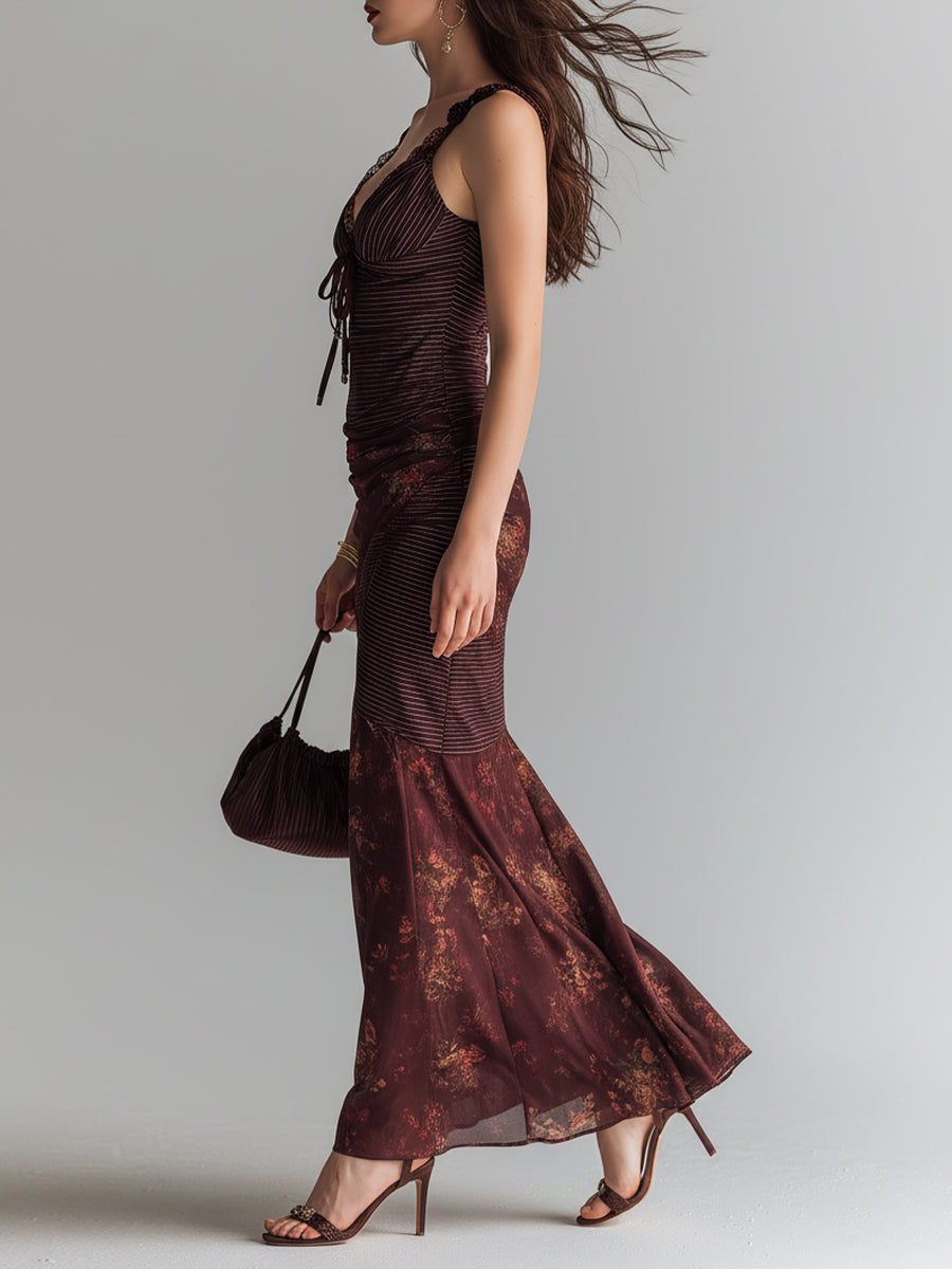 Striped flower suspender maxi dress side view