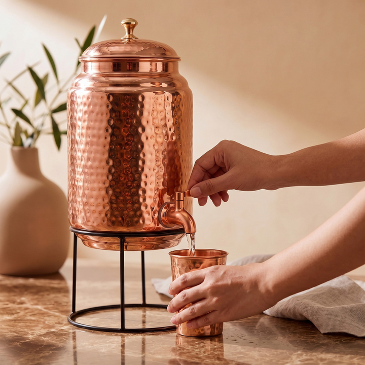Hammered Pure Copper Water Dispenser 170 oz - Includes 2 Copper Cups