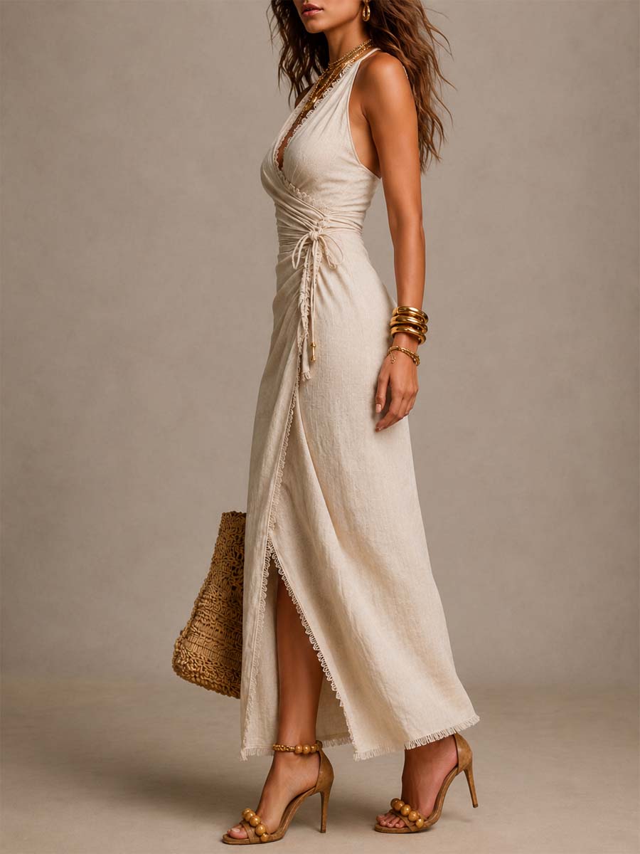 Natural linen sleeveless midi dress back view