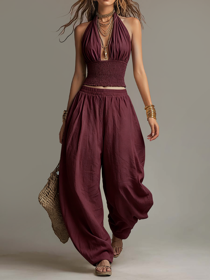 Cotton-linen harem pants co-ord set back view