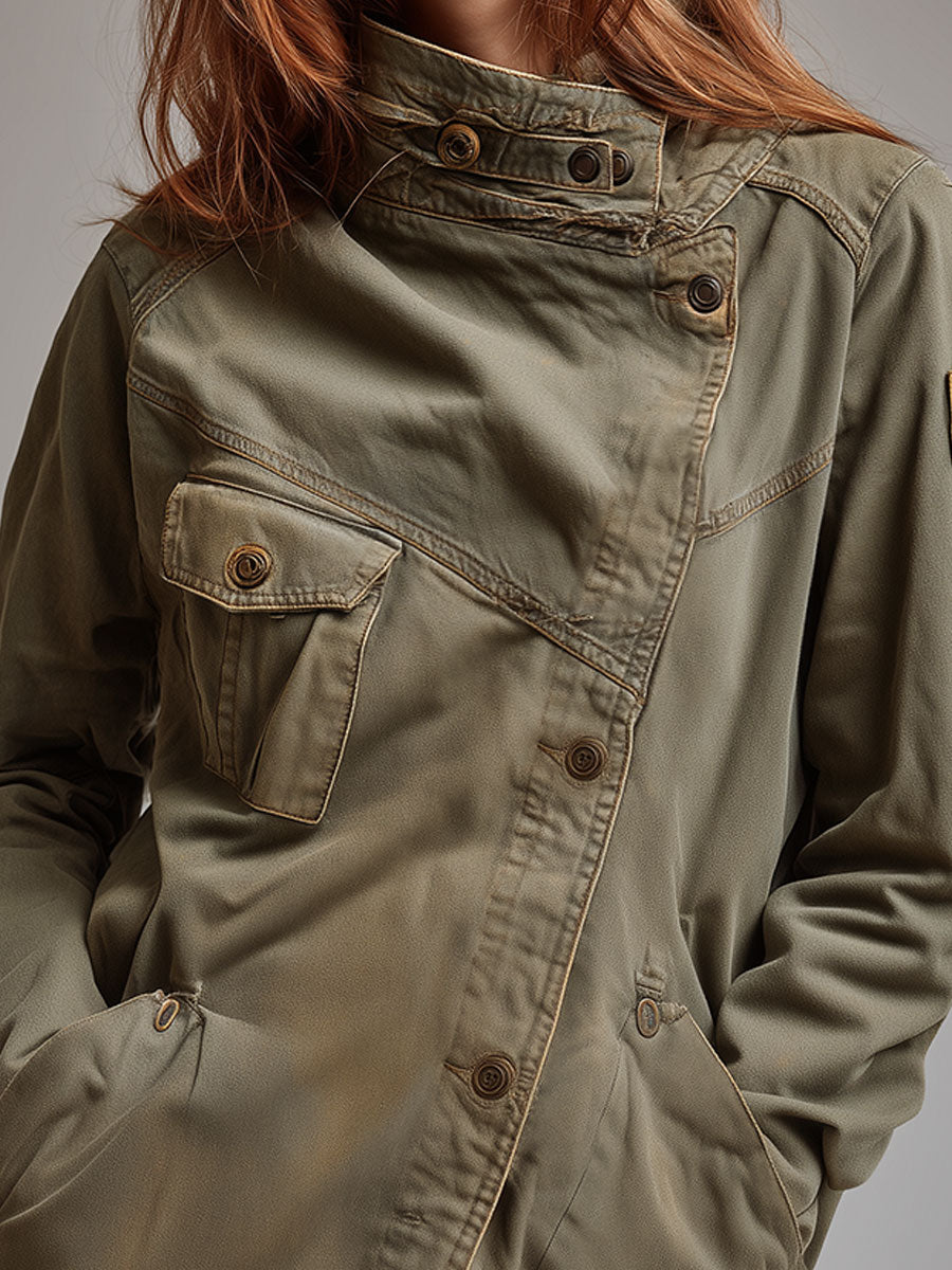 Stand collar slanted jacket detail view